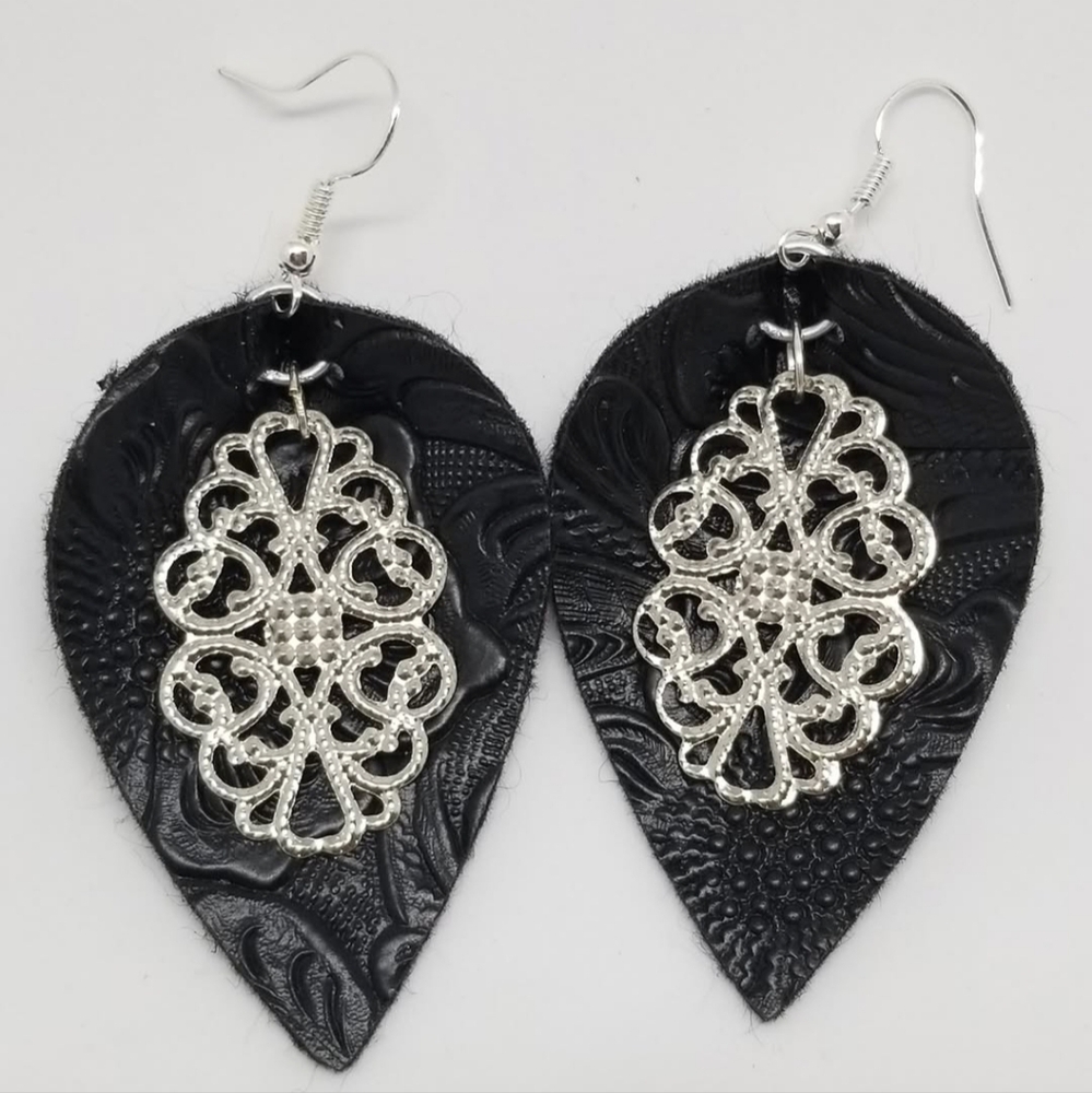 NWT Black and Silver Faux Leather Drop Earrings